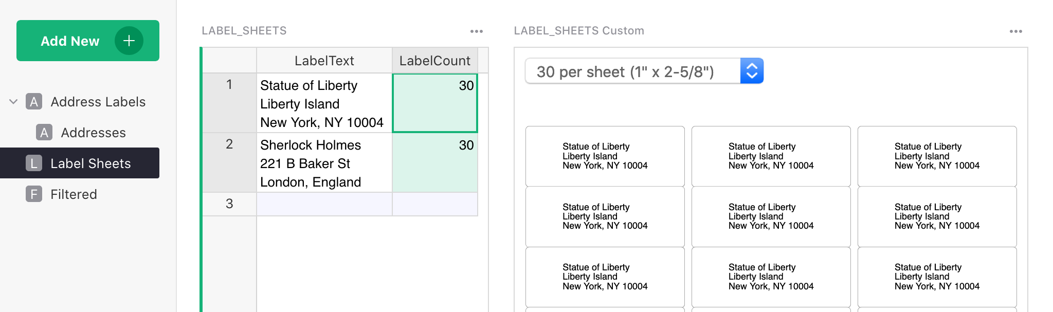 Label Sheets Page